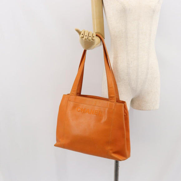 CHANEL Tote Bag Caviar Skin Orange Gold CC Auth mr1868