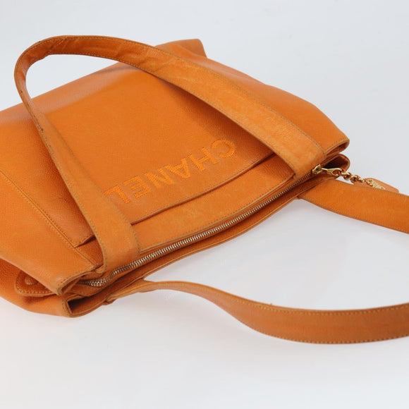 CHANEL Tote Bag Caviar Skin Orange Gold CC Auth mr1868