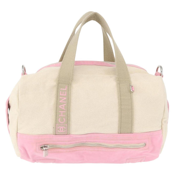 CHANEL Boston Bag Canvas Pink Silver CC Auth mr1869