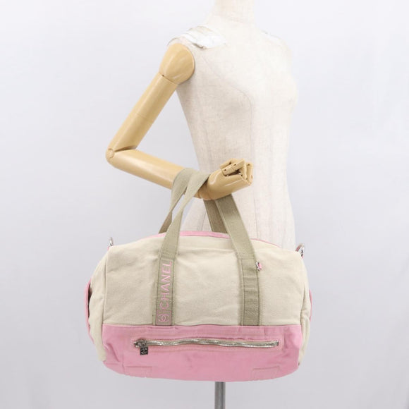 CHANEL Boston Bag Canvas Pink Silver CC Auth mr1869