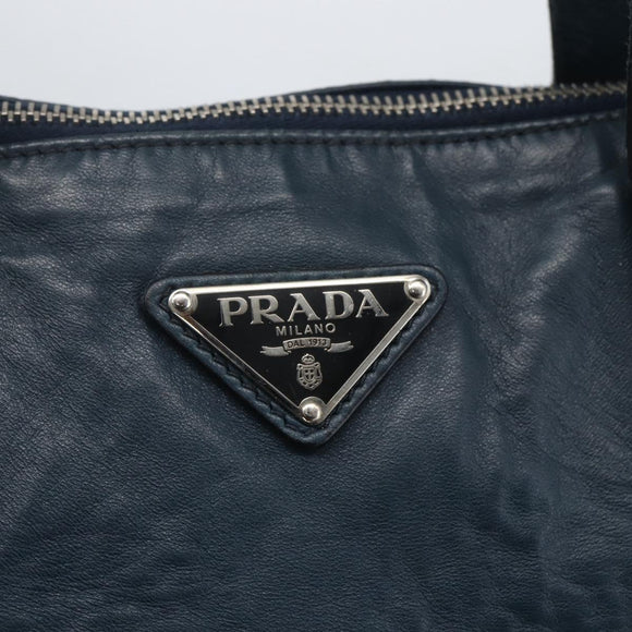 PRADA Tote Bag Leather Navy Silver Auth mr1876