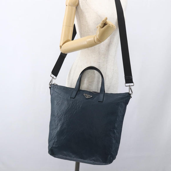 PRADA Tote Bag Leather Navy Silver Auth mr1876