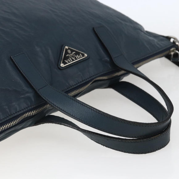 PRADA Tote Bag Leather Navy Silver Auth mr1876