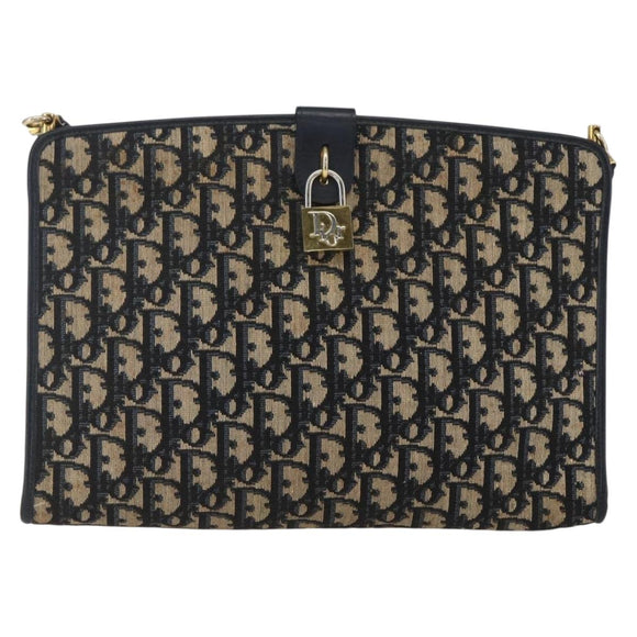 Christian Dior Trotter Canvas Shoulder Bag Navy Gold Auth mr1879