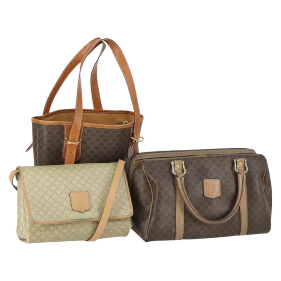 CELINE Macadam Canvas Shoulder Bag PVC Leather 3 Set Brown Beige Auth mr1885