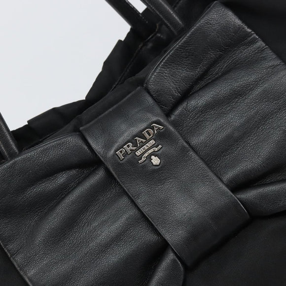 PRADA Ribbon Hand Bag Nylon Leather Black Silver Auth mr1914