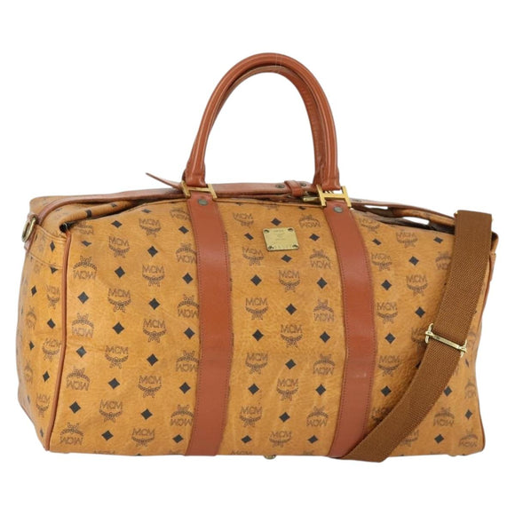 MCM Vicetos Logogram Boston Bag PVC Leather 2way Brown Gold Auth mr1923