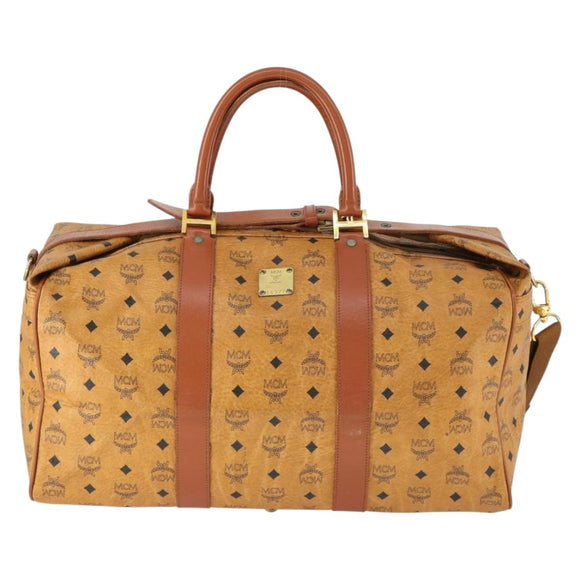 MCM Vicetos Logogram Boston Bag PVC Leather 2way Brown Gold Auth mr1923