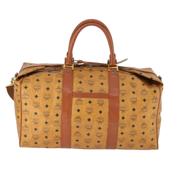 MCM Vicetos Logogram Boston Bag PVC Leather 2way Brown Gold Auth mr1923