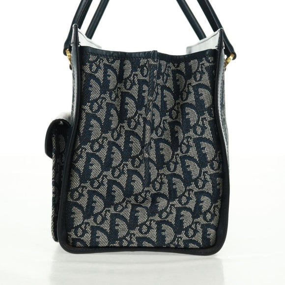 Christian Dior Trotter Canvas Hand Bag Navy Gold Auth mr1942V
