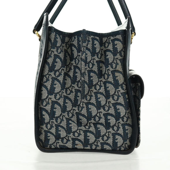 Christian Dior Trotter Canvas Hand Bag Navy Gold Auth mr1942V
