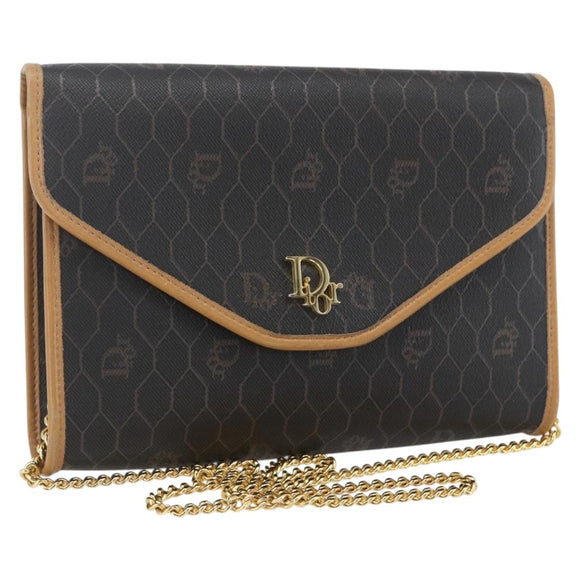 Christian Dior Honeycomb Canvas Chain Shoulder Bag Black Gold Auth mr1973