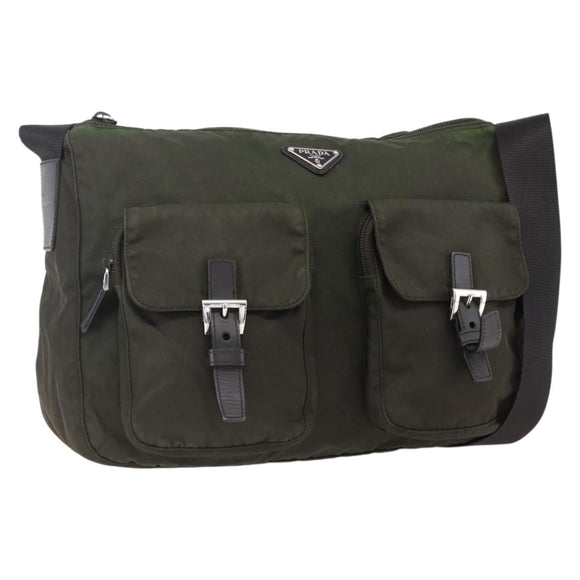 PRADA Shoulder Bag Nylon Khaki Silver Auth mr2000