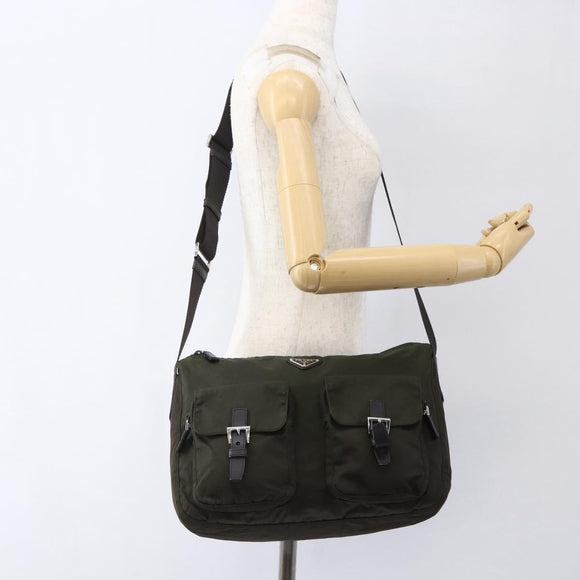 PRADA Shoulder Bag Nylon Khaki Silver Auth mr2000