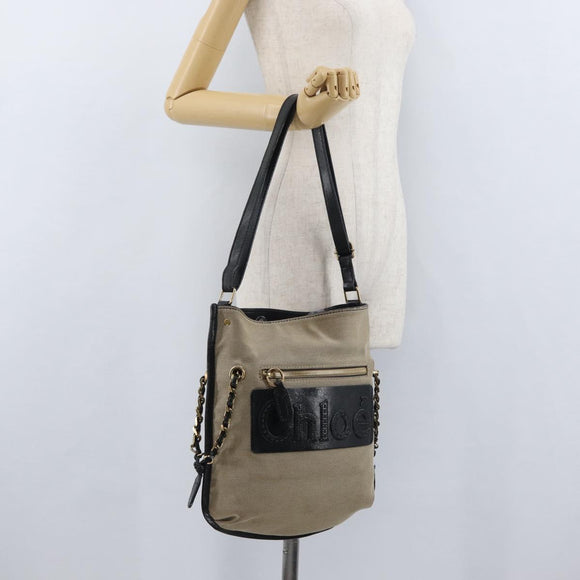 Chloe Shoulder Bag Canvas Beige Black Auth mr2002