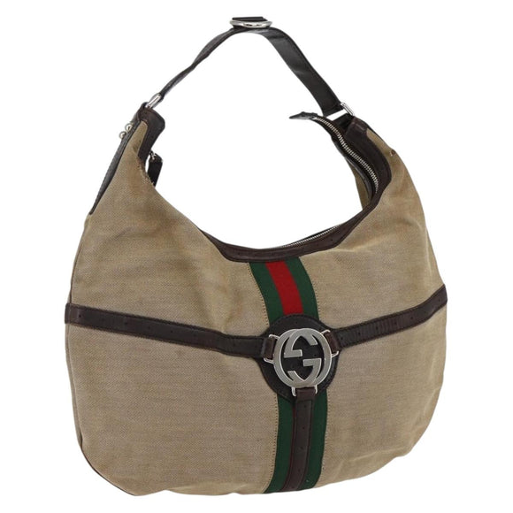 GUCCI Web Sherry Line Shoulder Bag Canvas Beige Silver 114871 Auth mr2006
