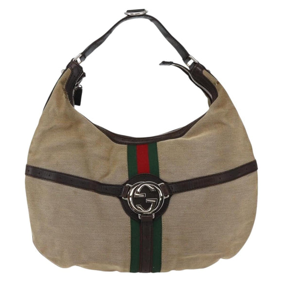 GUCCI Web Sherry Line Shoulder Bag Canvas Beige Silver 114871 Auth mr2006