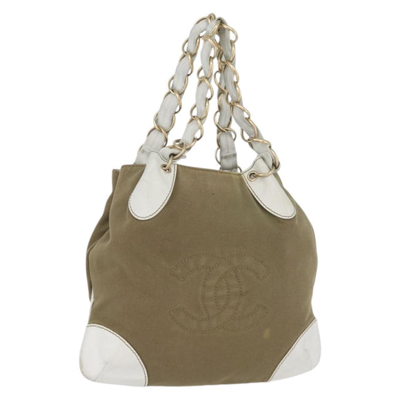 CHANEL Chain Tote Bag Canvas Beige Gold CC Auth mr2009
