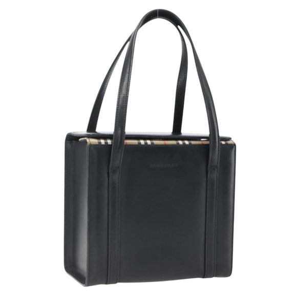 BURBERRY Nova Check Hand Bag Leather Black Silver Auth mr2041