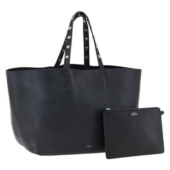 CELINE Studs Hand Bag Leather Black Silver Auth mr2054
