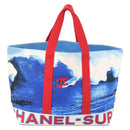 CHANEL Surfline Tote Bag Canvas Blue White Red CC Auth mr2068V-3