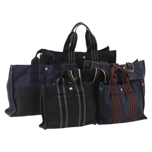 HERMES Fourre Tout Hand Bag Canvas 6 Set Black Gray Auth mr2099