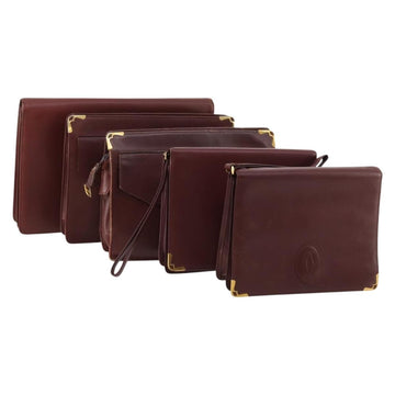 CARTIER Must Line Clutch Bag Leather 5 Set Bordeaux Gold Auth mr2109