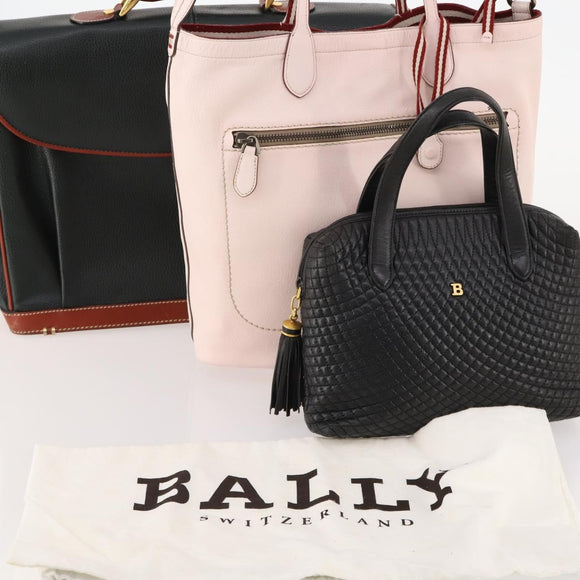 BALLY Hand Bag Leather 3 Set Black Pink Auth mr2113