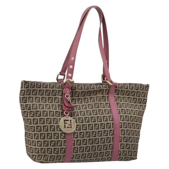 FENDI Zucchino Canvas Tote Bag Bruin Goud Auth mr2135