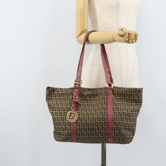 FENDI Zucchino Canvas Tote Bag Bruin Goud Auth mr2135