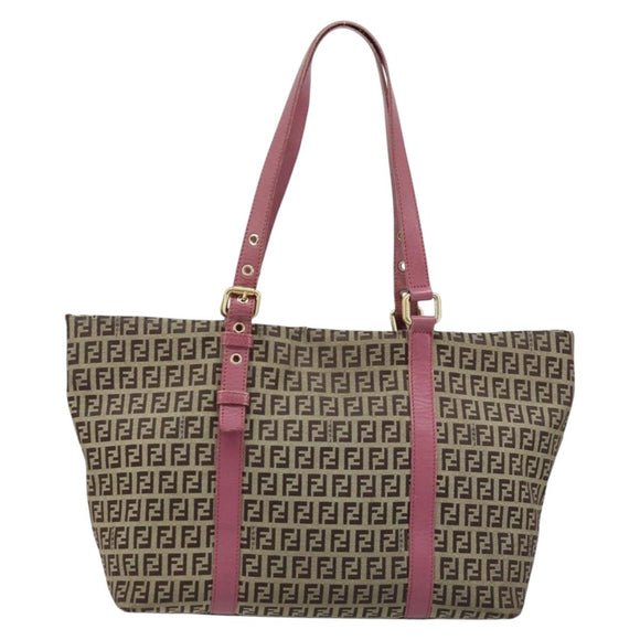 FENDI Zucchino Canvas Tote Bag Bruin Goud Auth mr2135