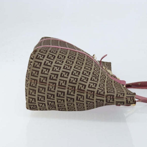 FENDI Zucchino Canvas Tote Bag Bruin Goud Auth mr2135