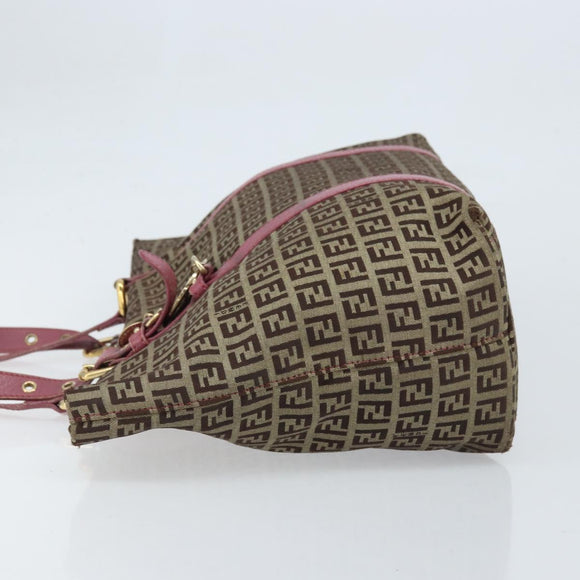 FENDI Zucchino Canvas Tote Bag Bruin Goud Auth mr2135