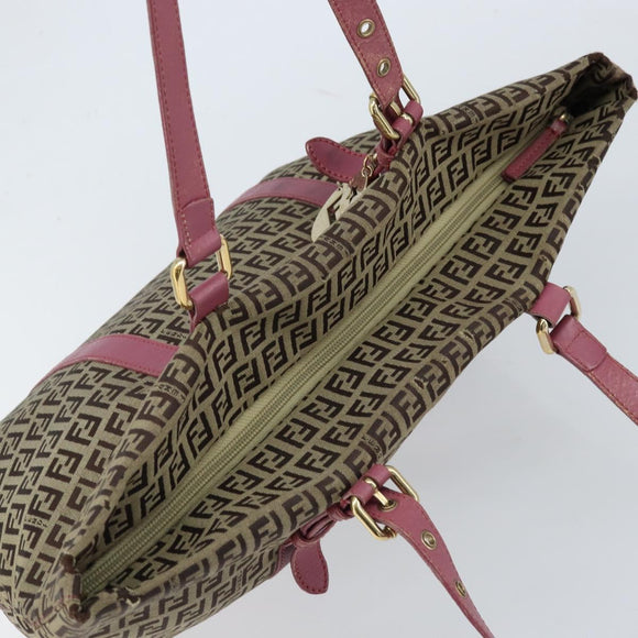 FENDI Zucchino Canvas Tote Bag Bruin Goud Auth mr2135
