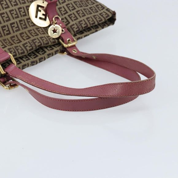 FENDI Zucchino Canvas Tote Bag Bruin Goud Auth mr2135