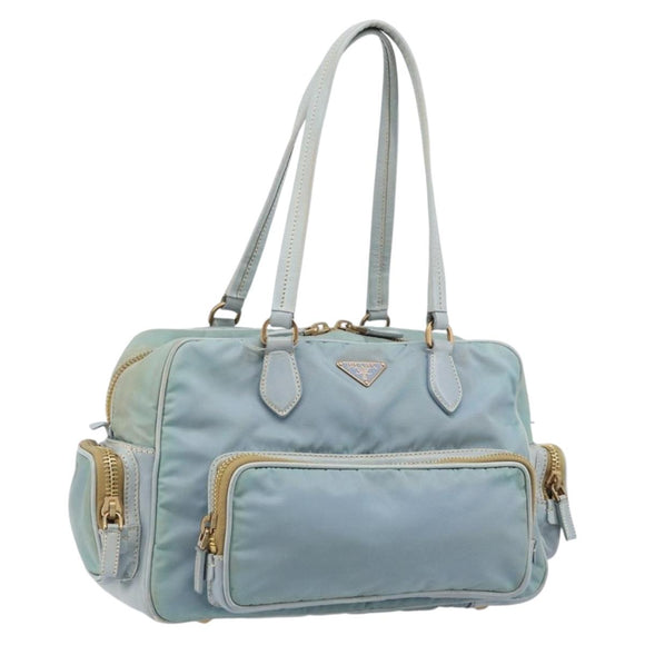 PRADA Hand Bag Nylon Light Blue Gold Auth mr2145A