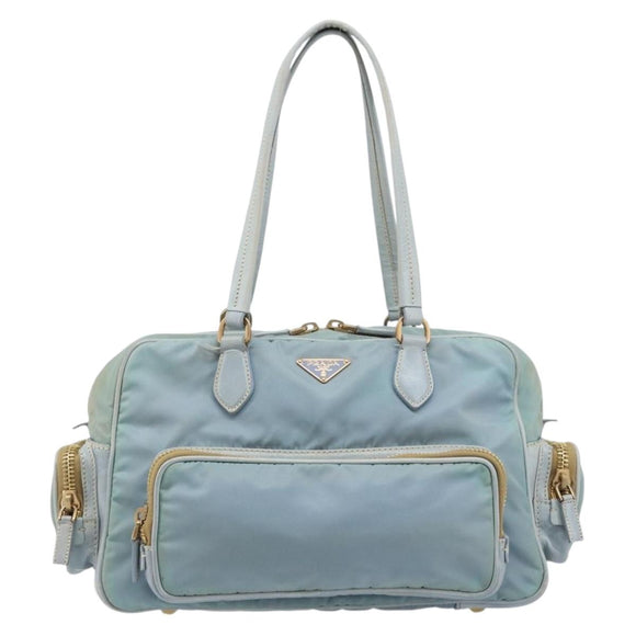PRADA Hand Bag Nylon Light Blue Gold Auth mr2145A