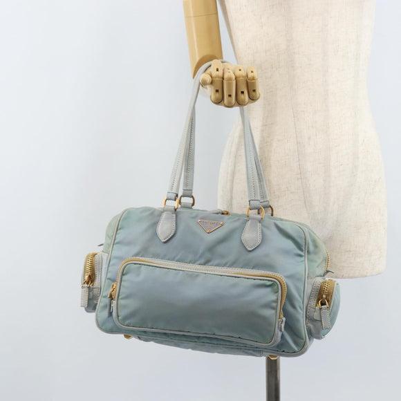 PRADA Hand Bag Nylon Light Blue Gold Auth mr2145A
