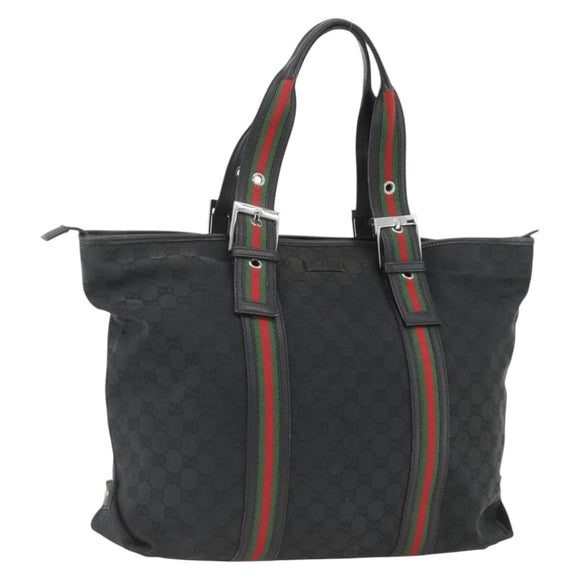 GUCCI GG Canvas Web Sherry Line Tote Bag Black Silver 132898 Auth mr2181