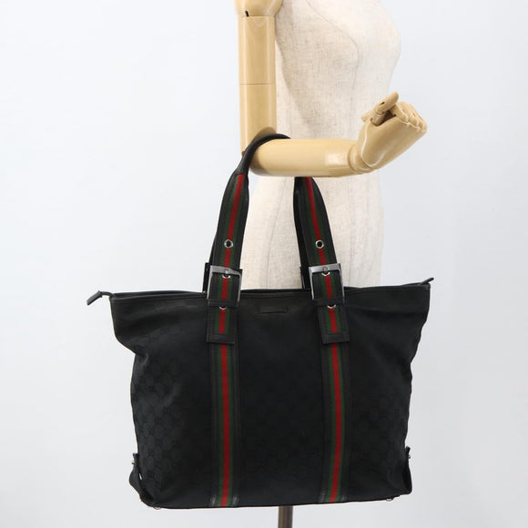 GUCCI GG Canvas Web Sherry Line Tote Bag Black Silver 132898 Auth mr2181