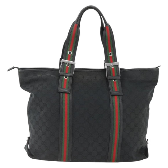 GUCCI GG Canvas Web Sherry Line Tote Bag Black Silver 132898 Auth mr2181