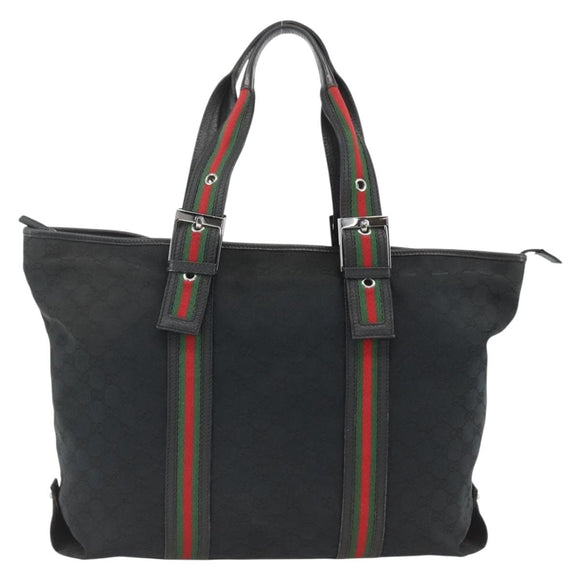 GUCCI GG Canvas Web Sherry Line Tote Bag Black Silver 132898 Auth mr2181