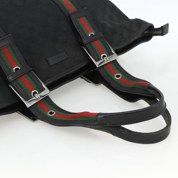 GUCCI GG Canvas Web Sherry Line Tote Bag Black Silver 132898 Auth mr2181