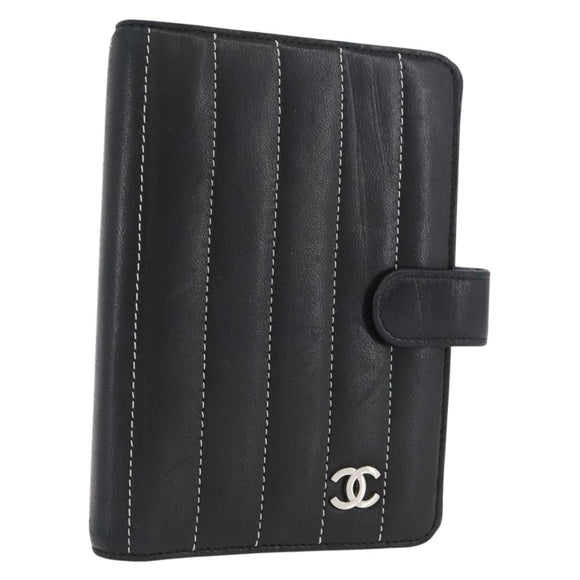 CHANEL Mademoiselle Agenda Day Planner Cover Leather Silver Black CC Auth mr2185