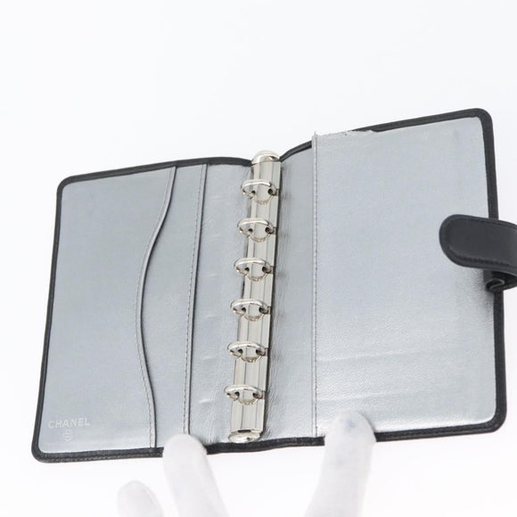 CHANEL Mademoiselle Agenda Day Planner Cover Leather Silver Black CC Auth mr2185