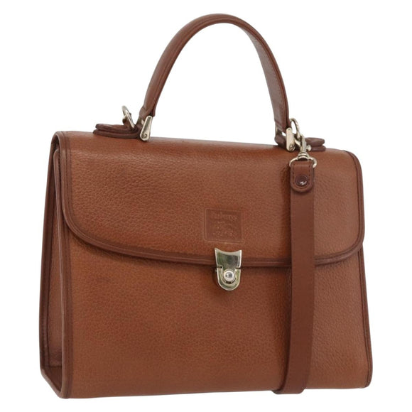 Burberrys Hand Bag Leather 2way Brown Silver Auth mr2205