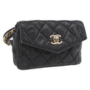 CHANEL Matelasse Waist bag Lamb Skin Black Gold CC Auth mr2227-1