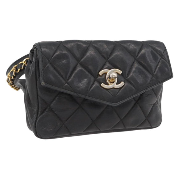 CHANEL Matelasse Waist bag Lamb Skin Black Gold CC Auth mr2227