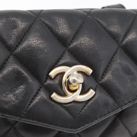 CHANEL Matelasse Waist bag Lamb Skin Black Gold CC Auth mr2227