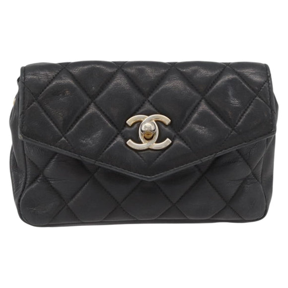 CHANEL Matelasse Waist bag Lamb Skin Black Gold CC Auth mr2227